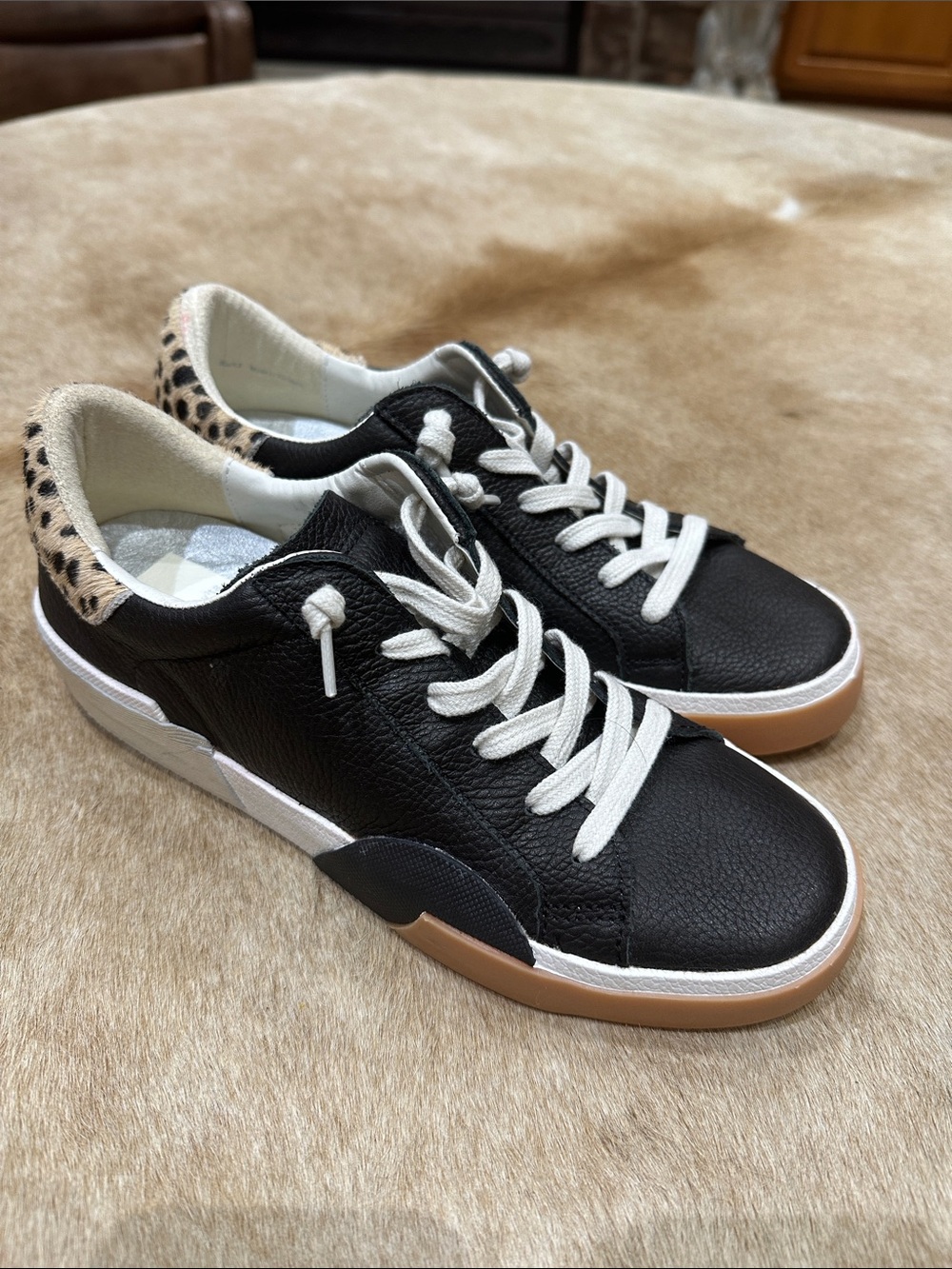 Dolce Vita Black Leather Sneakers with Leopard Heel and Gum Sole